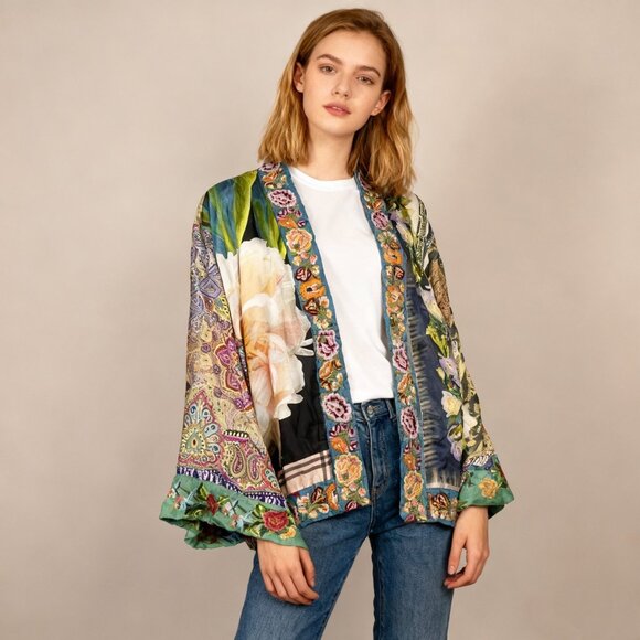 $650 NWOT Johnny Was Reversible Embroidered Silk Kimono Jacket Multi Size M - Picture 1 of 16